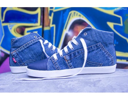 Handmade sneakers jeans dark blue leather
